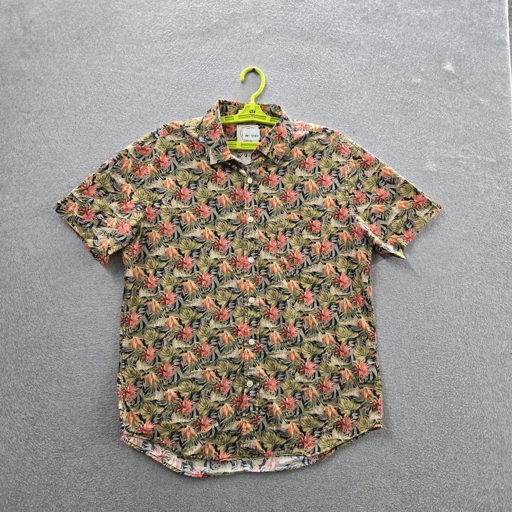 Kennington Men Button Up Shirt L Green Floral Hawaiian Shirt Short Sleeve